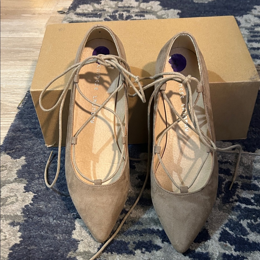 Chinese Laundry Taupe Lace-Up Pointed Flats